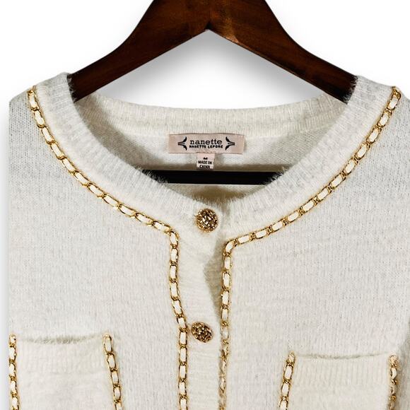 Nanette Lepore White Knit Gold Button Chain Trim Quiet Luxury Cardigan Medium - Picture 5 of 11
